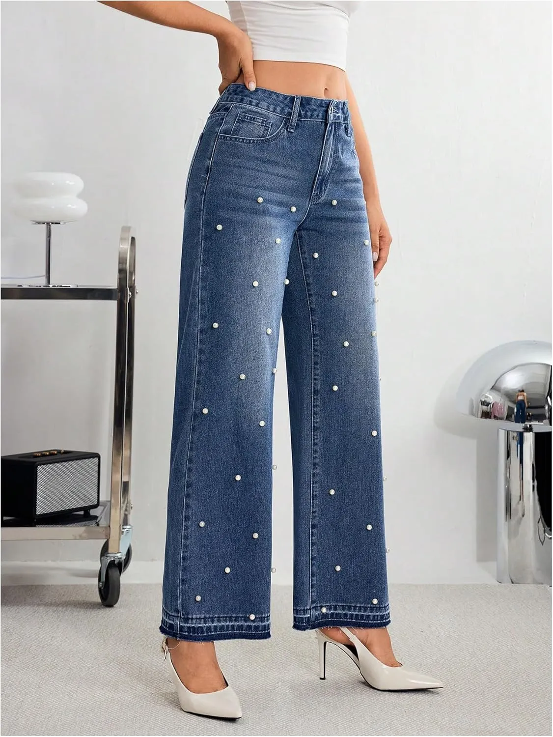 MakeMeChic Women's Pearls Jeans Wide Leg Stretch Straight Y2K Denim Pants Trousers