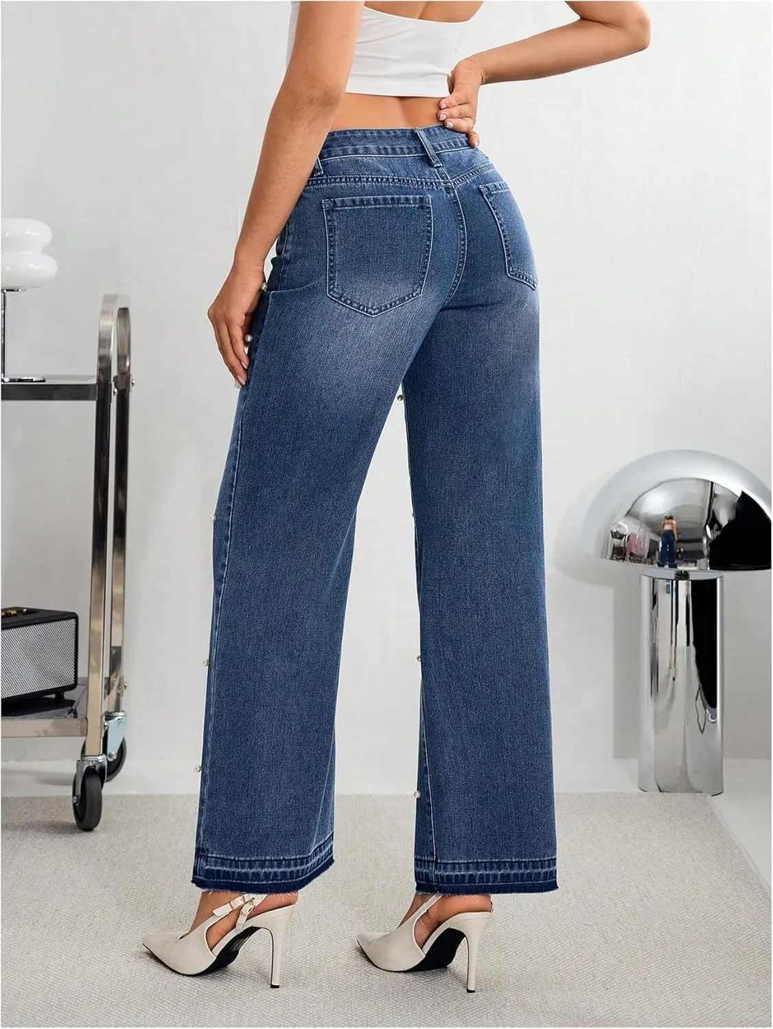 MakeMeChic Women's Pearls Jeans Wide Leg Stretch Straight Y2K Denim Pants Trousers