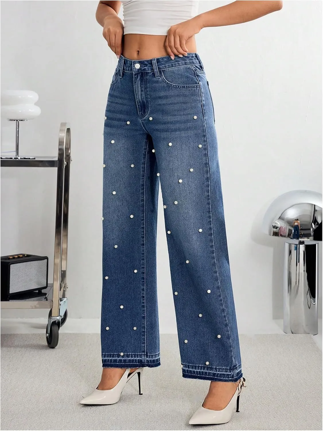 MakeMeChic Women's Pearls Jeans Wide Leg Stretch Straight Y2K Denim Pants Trousers