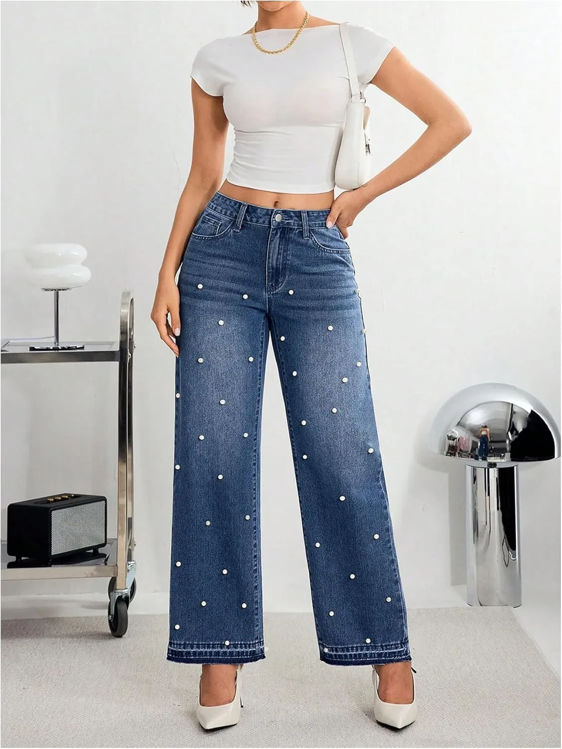 MakeMeChic Women's Pearls Jeans Wide Leg Stretch Straight Y2K Denim Pants Trousers
