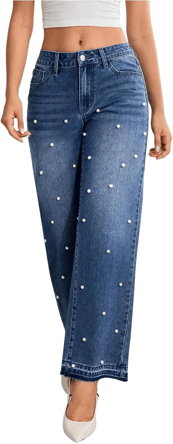 MakeMeChic Women's Pearls Jeans Wide Leg Stretch Straight Y2K Denim Pants Trousers