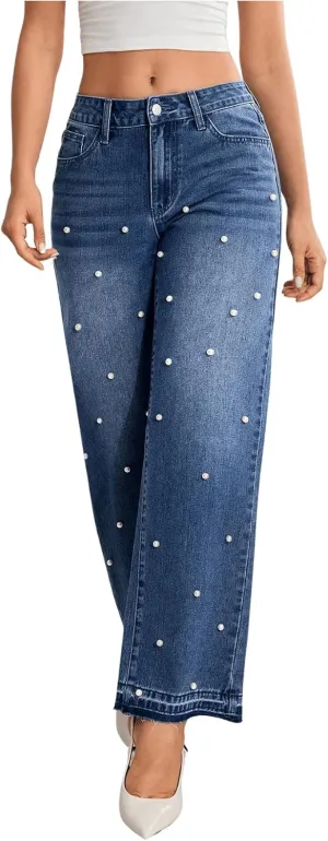 MakeMeChic Women's Pearls Jeans Wide Leg Stretch Straight Y2K Denim Pants Trousers