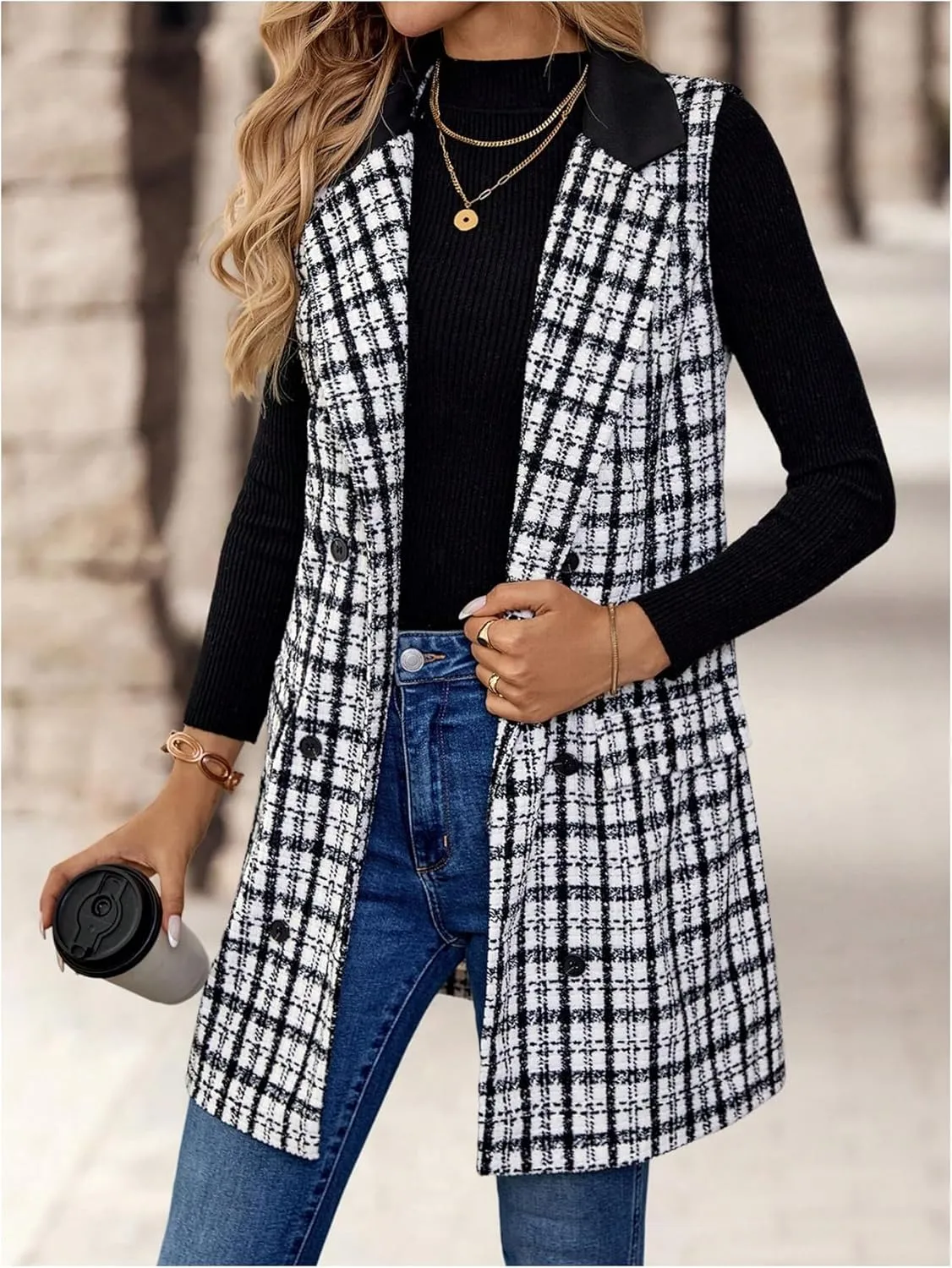 MakeMeChic Women's Plaid Print Double Breasted Lapel Collar Sleeveless Long Vest Jacket Outerwear
