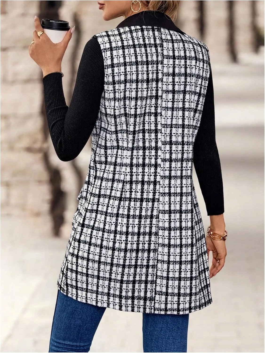 MakeMeChic Women's Plaid Print Double Breasted Lapel Collar Sleeveless Long Vest Jacket Outerwear