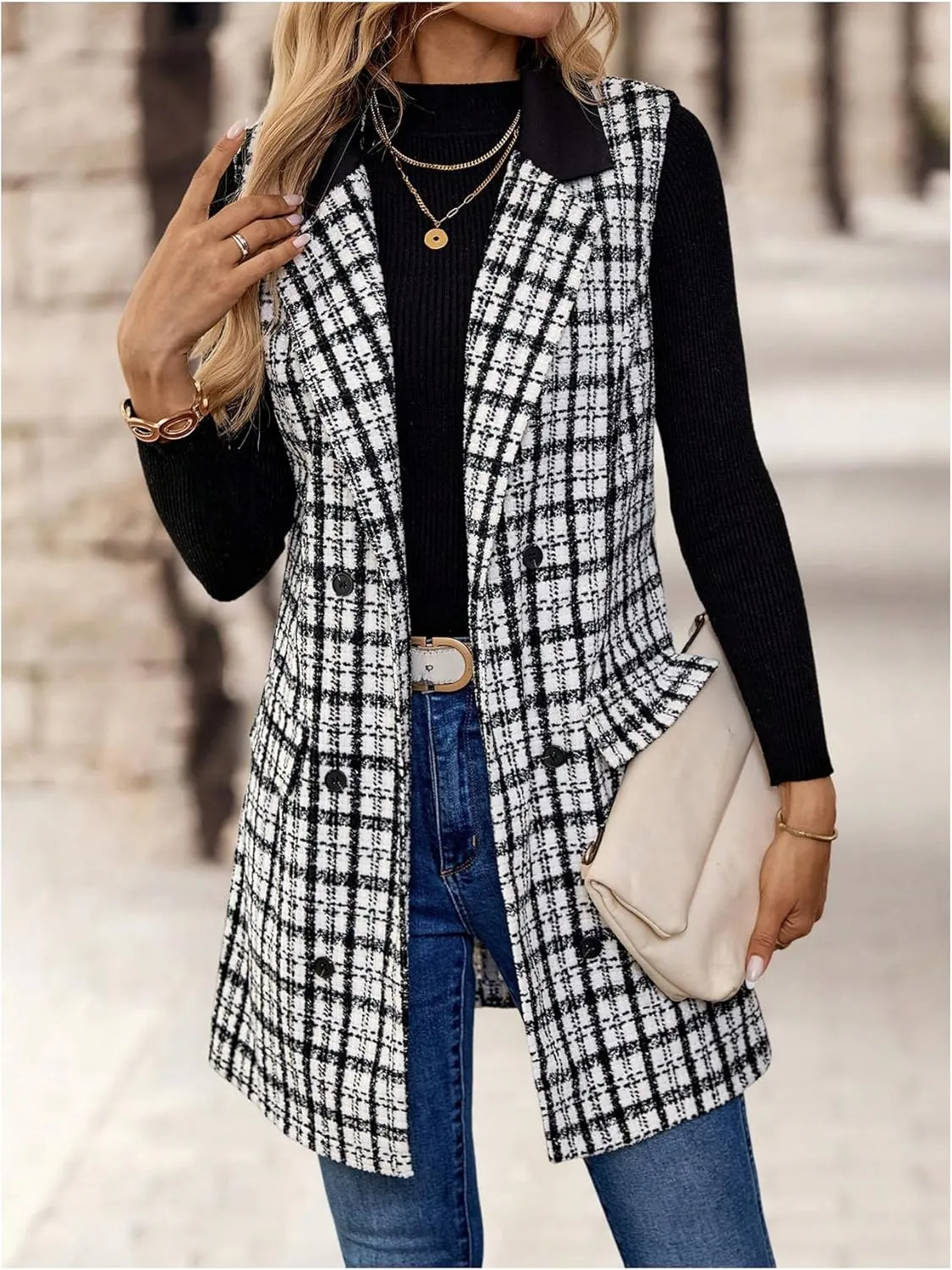 MakeMeChic Women's Plaid Print Double Breasted Lapel Collar Sleeveless Long Vest Jacket Outerwear