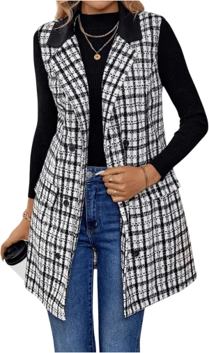 MakeMeChic Women's Plaid Print Double Breasted Lapel Collar Sleeveless Long Vest Jacket Outerwear