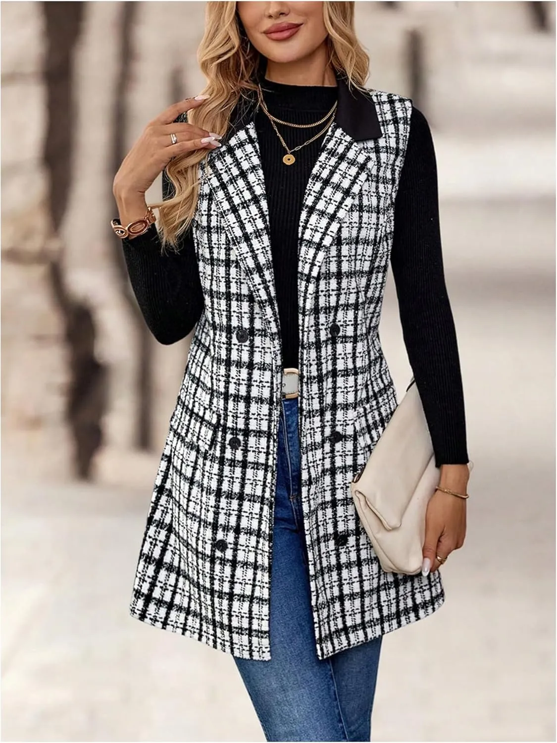 MakeMeChic Women's Plaid Print Double Breasted Lapel Collar Sleeveless Long Vest Jacket Outerwear