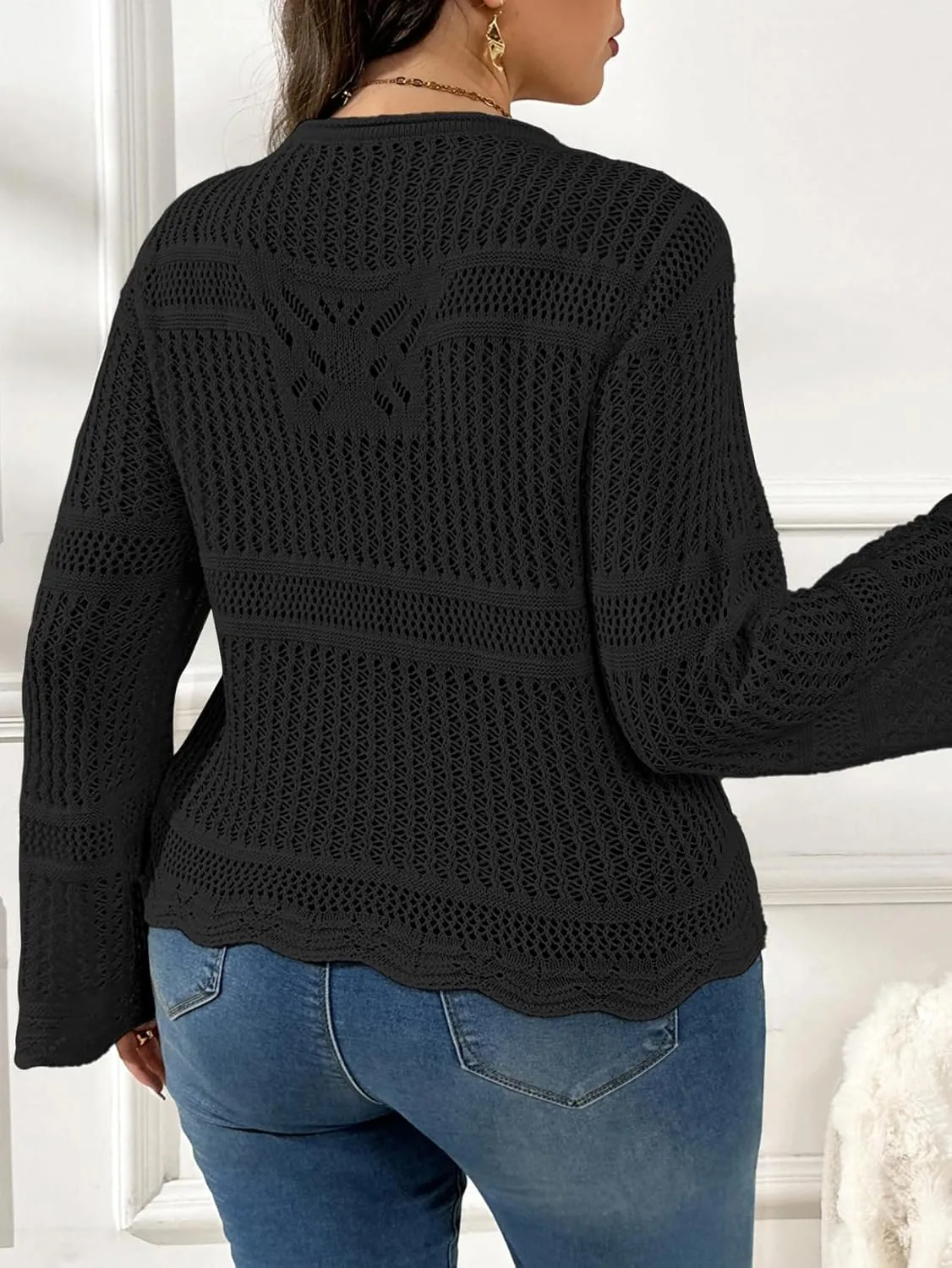 MakeMeChic Women's Plus Size Cardigan Sweater Crochet Bow Tie Front Knit Outerwear
