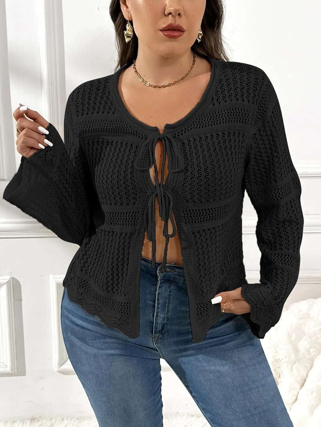 MakeMeChic Women's Plus Size Cardigan Sweater Crochet Bow Tie Front Knit Outerwear