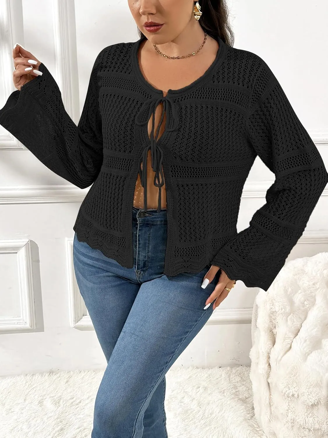 MakeMeChic Women's Plus Size Cardigan Sweater Crochet Bow Tie Front Knit Outerwear