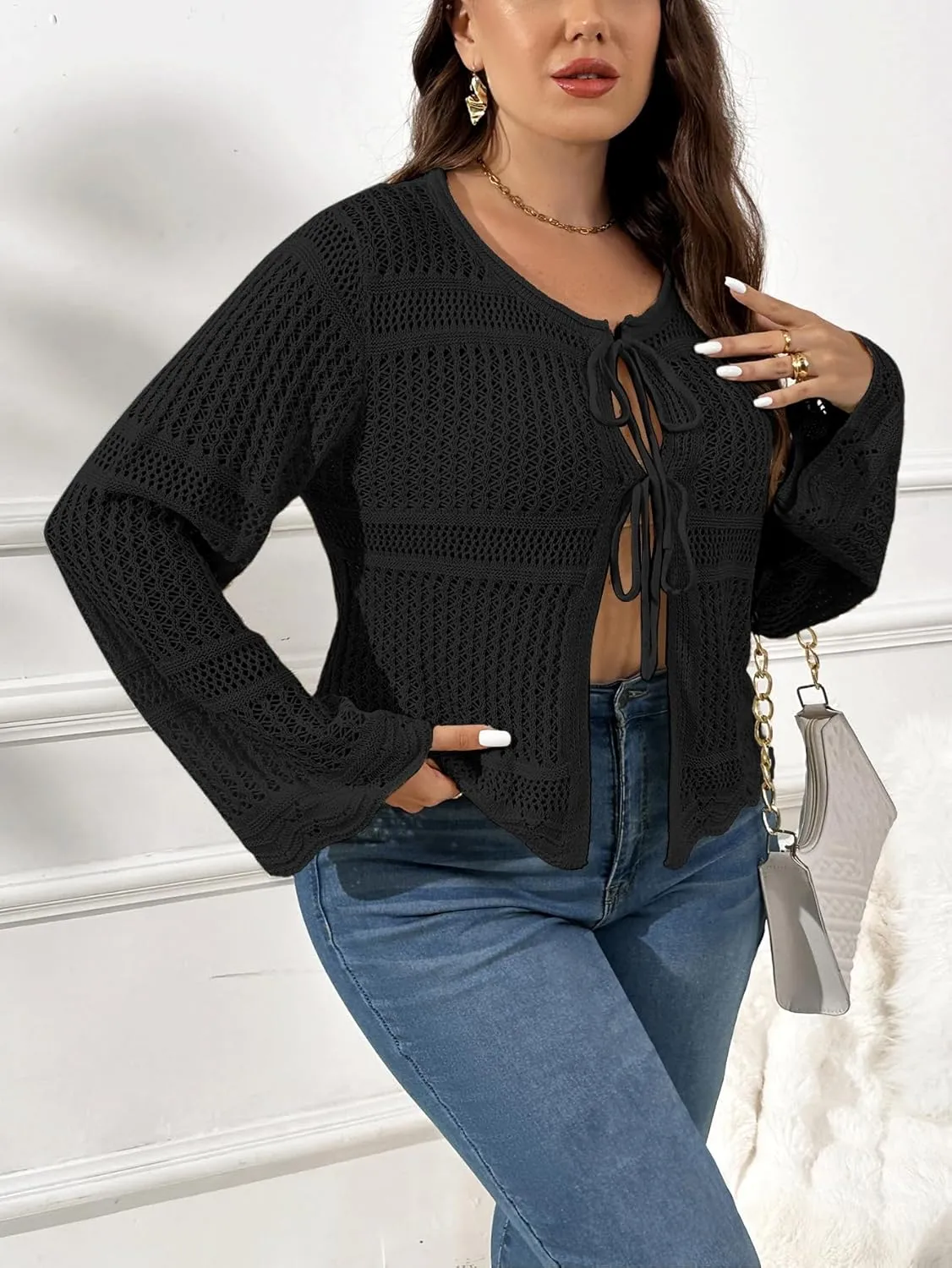 MakeMeChic Women's Plus Size Cardigan Sweater Crochet Bow Tie Front Knit Outerwear