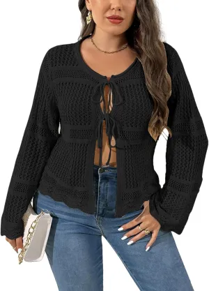MakeMeChic Women's Plus Size Cardigan Sweater Crochet Bow Tie Front Knit Outerwear