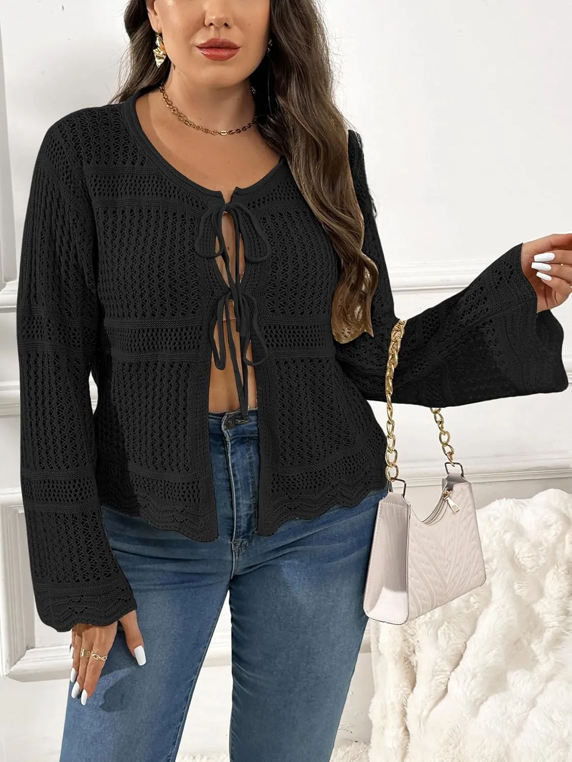 MakeMeChic Women's Plus Size Cardigan Sweater Crochet Bow Tie Front Knit Outerwear