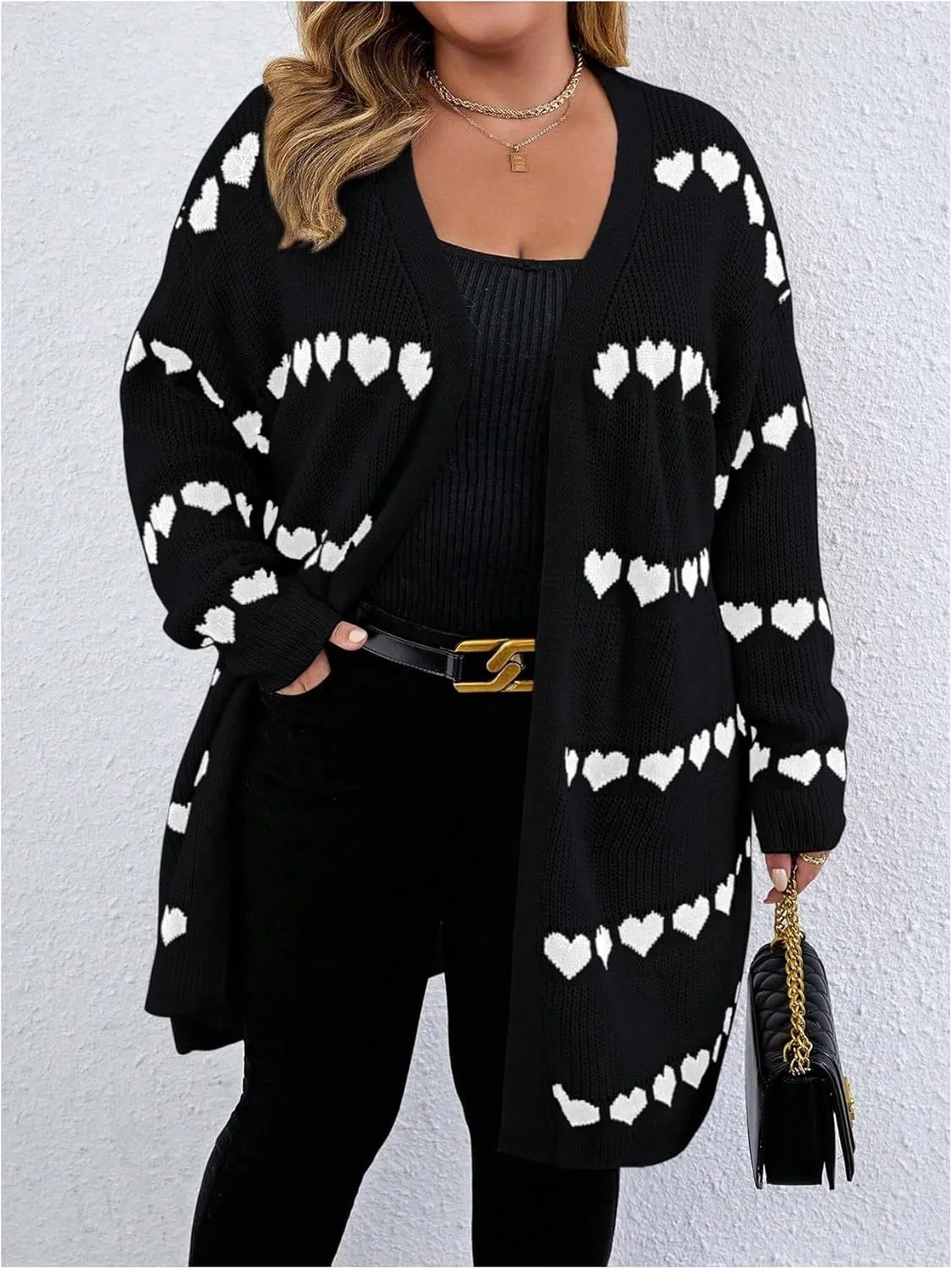 MakeMeChic Women's Plus Size Casual Open Front Duster Cardigan Sweater Heart Printed Long Sleeve Loose Outerwear
