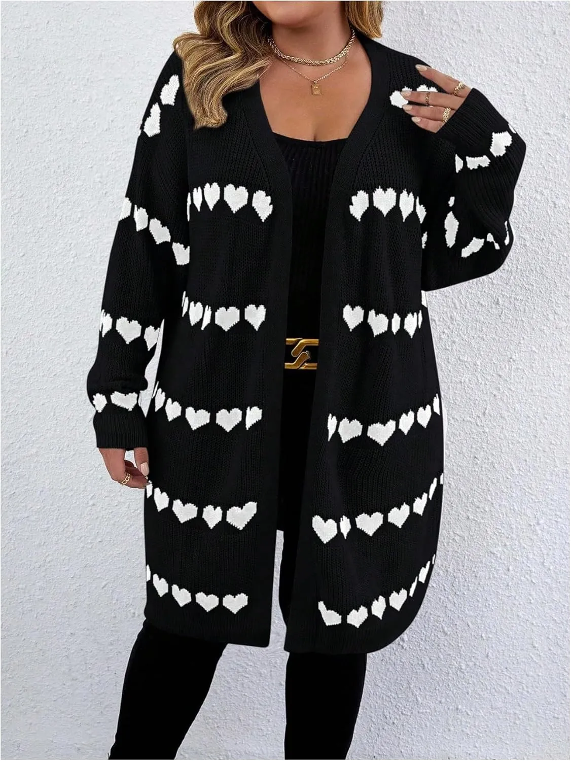 MakeMeChic Women's Plus Size Casual Open Front Duster Cardigan Sweater Heart Printed Long Sleeve Loose Outerwear