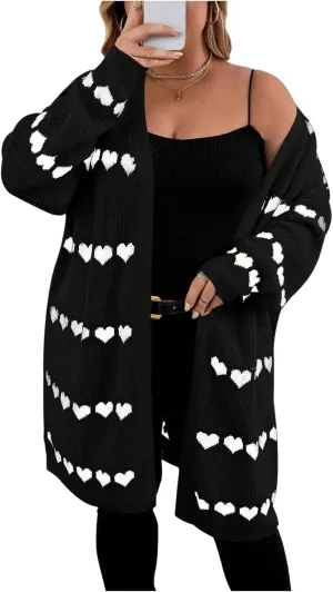 MakeMeChic Women's Plus Size Casual Open Front Duster Cardigan Sweater Heart Printed Long Sleeve Loose Outerwear