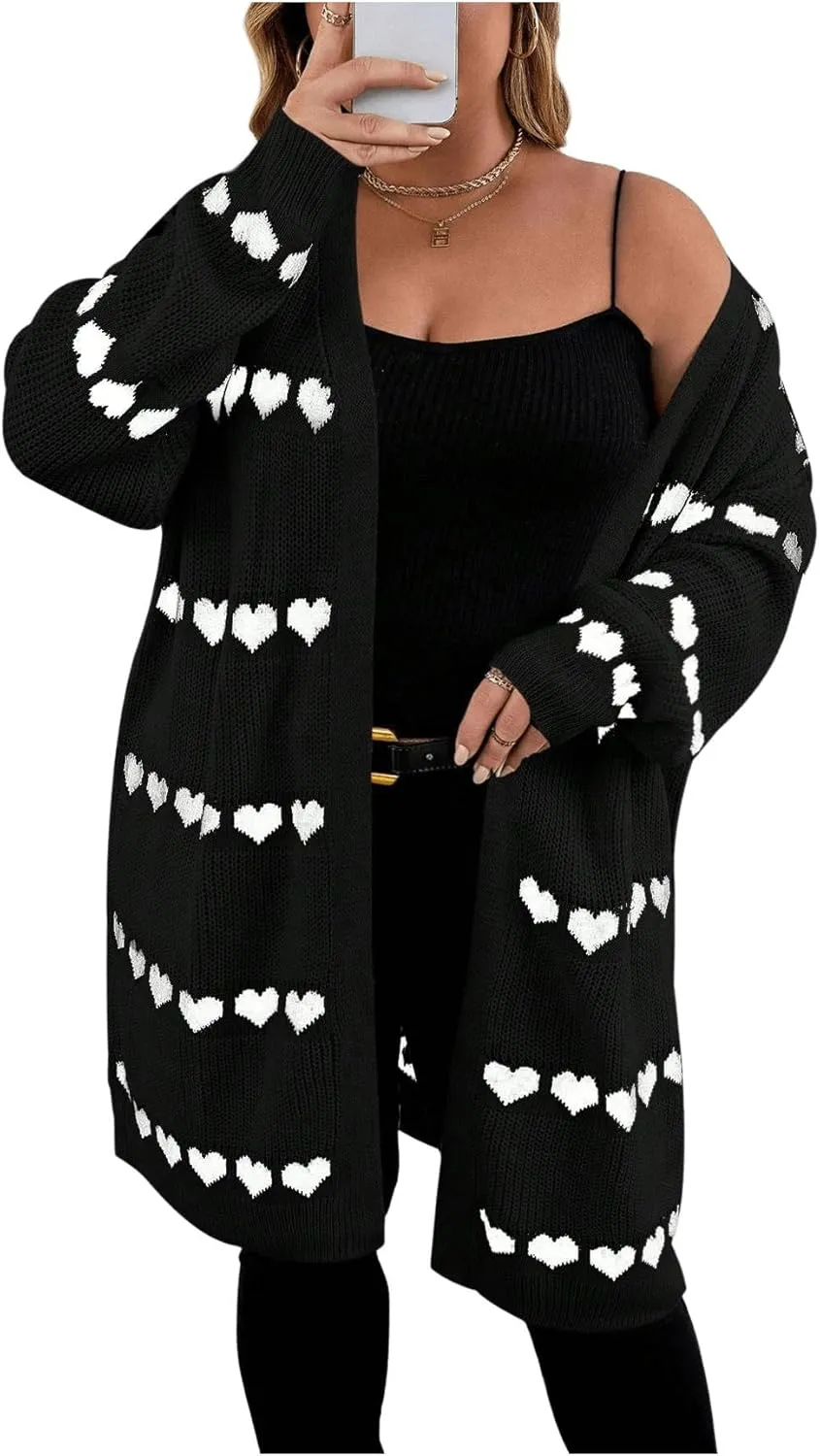 MakeMeChic Women's Plus Size Casual Open Front Duster Cardigan Sweater Heart Printed Long Sleeve Loose Outerwear