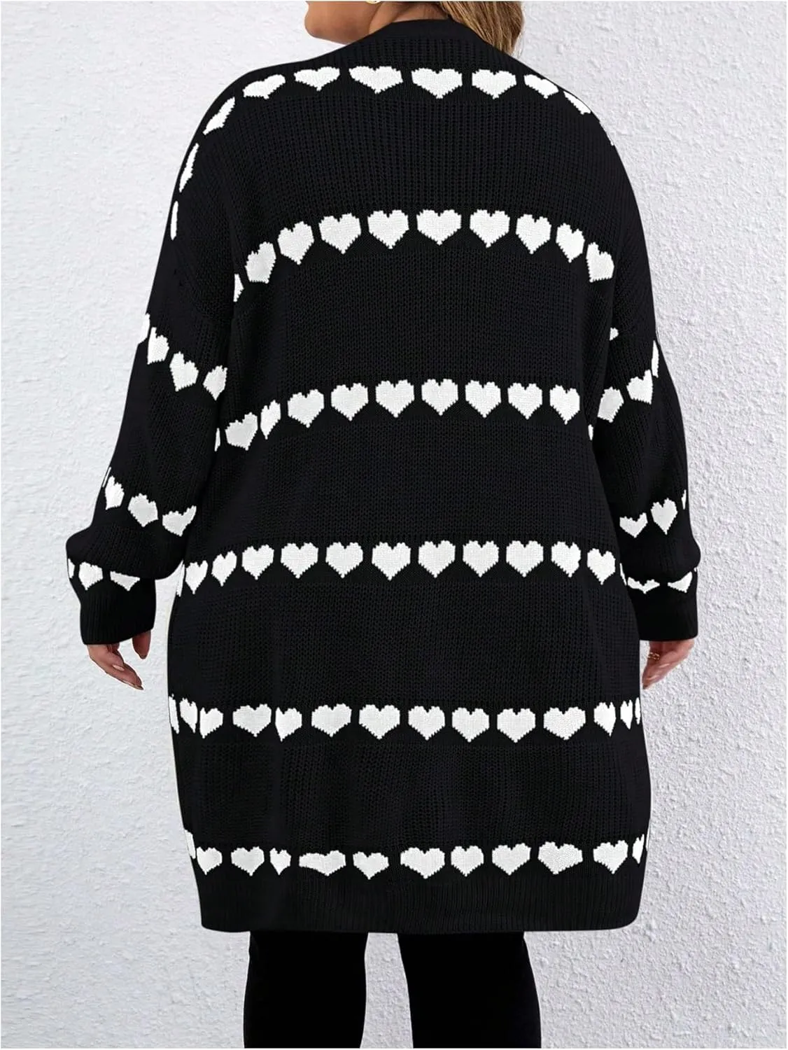 MakeMeChic Women's Plus Size Casual Open Front Duster Cardigan Sweater Heart Printed Long Sleeve Loose Outerwear