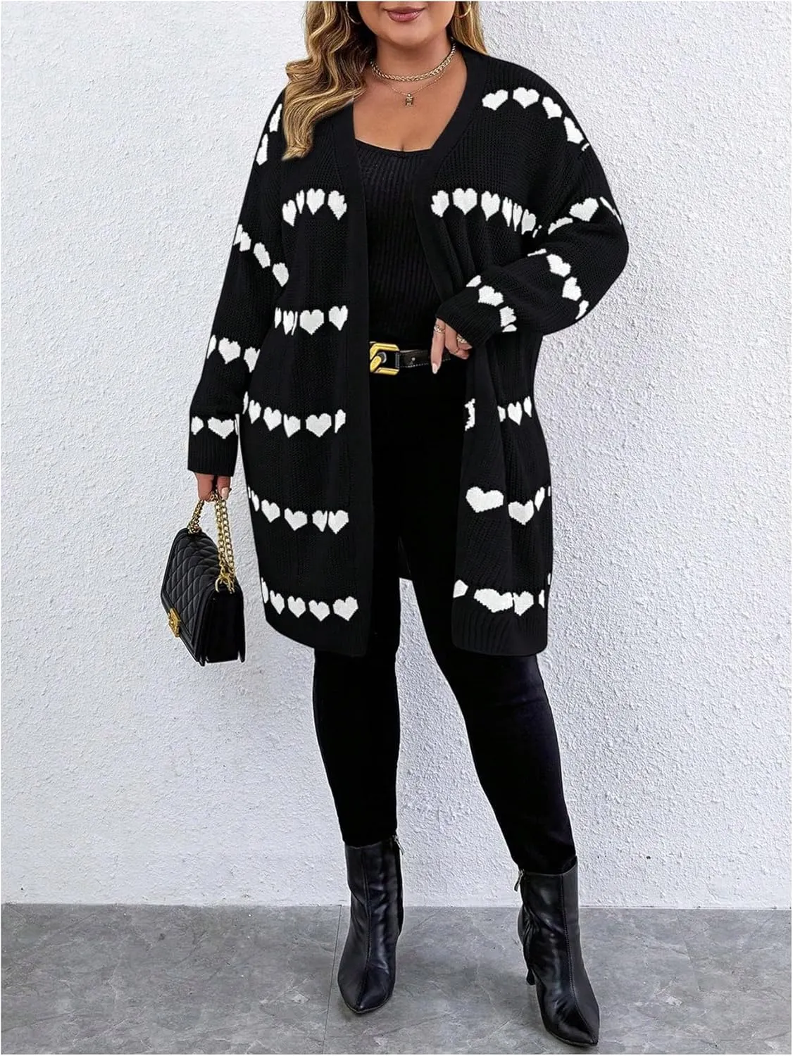 MakeMeChic Women's Plus Size Casual Open Front Duster Cardigan Sweater Heart Printed Long Sleeve Loose Outerwear