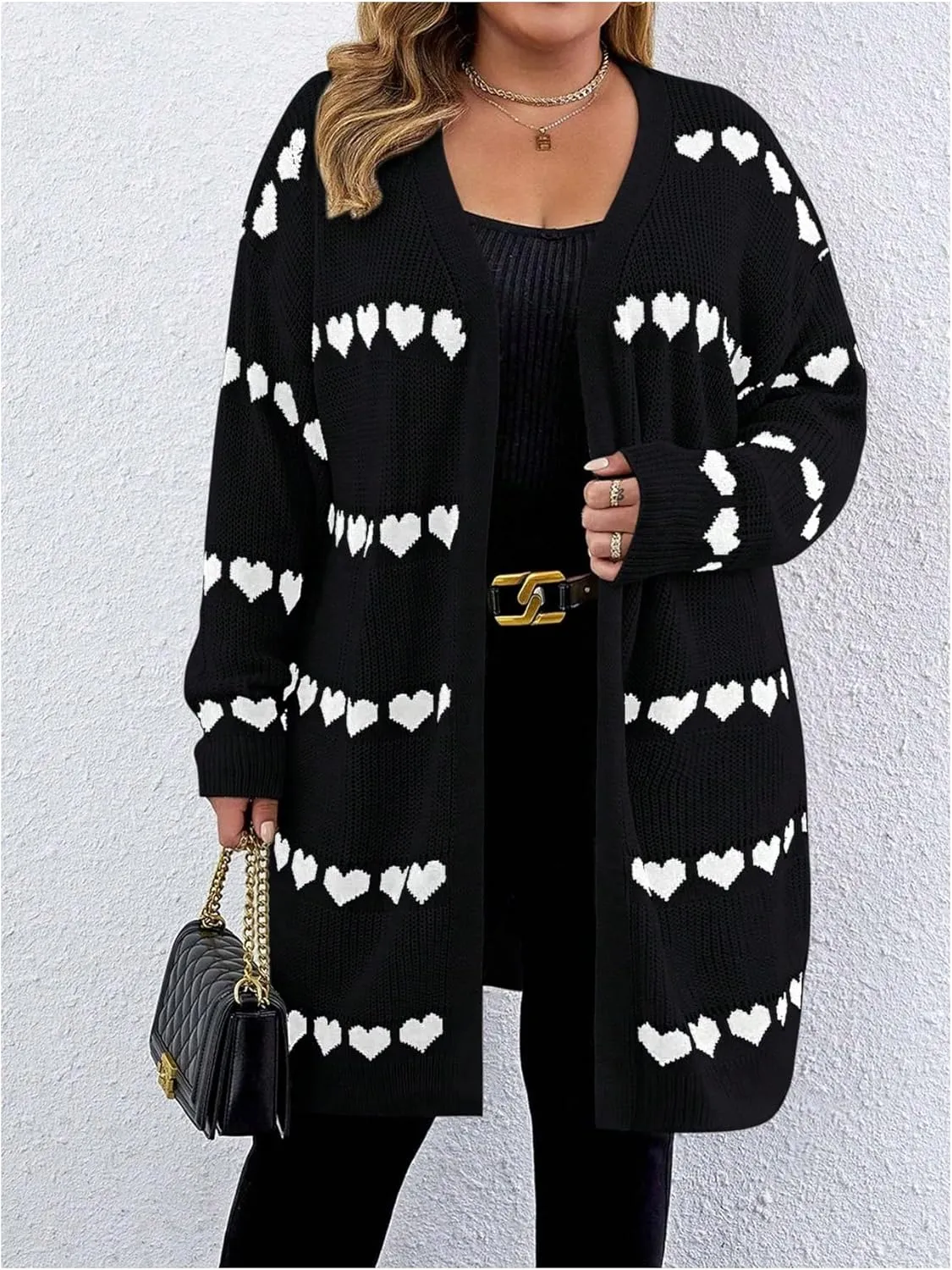 MakeMeChic Women's Plus Size Casual Open Front Duster Cardigan Sweater Heart Printed Long Sleeve Loose Outerwear