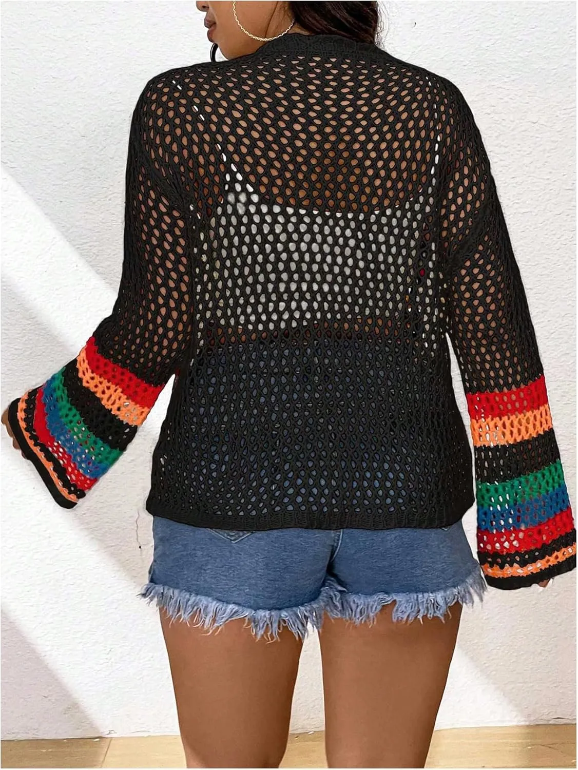 MakeMeChic Women's Plus Size Floral Crochet Cardigans Open Front Bell Sleeve Knitted Outerwear