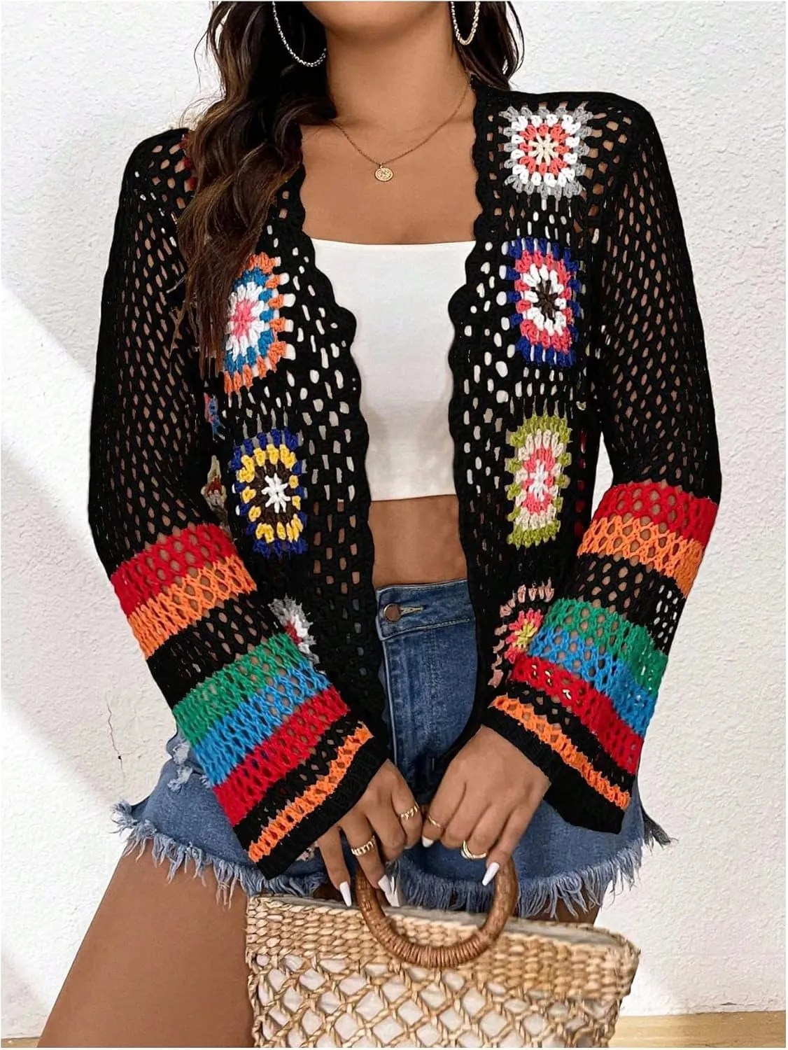 MakeMeChic Women's Plus Size Floral Crochet Cardigans Open Front Bell Sleeve Knitted Outerwear