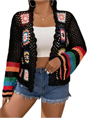 MakeMeChic Women's Plus Size Floral Crochet Cardigans Open Front Bell Sleeve Knitted Outerwear
