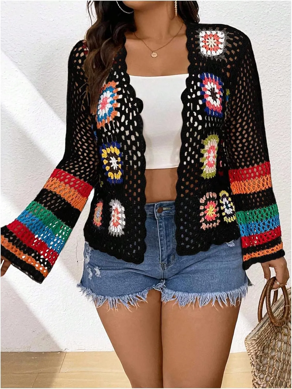 MakeMeChic Women's Plus Size Floral Crochet Cardigans Open Front Bell Sleeve Knitted Outerwear