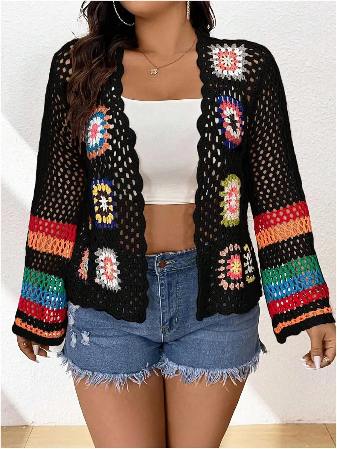 MakeMeChic Women's Plus Size Floral Crochet Cardigans Open Front Bell Sleeve Knitted Outerwear