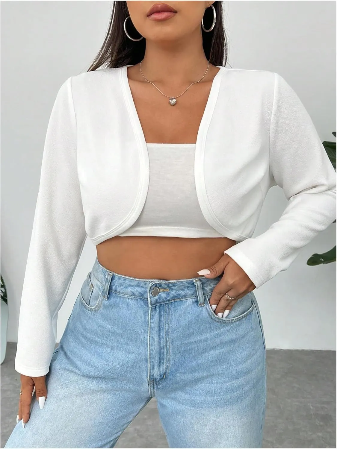 MakeMeChic Women's Plus Size Open Front Long Sleeve Cropped Cardigan Lightweight Outerwear