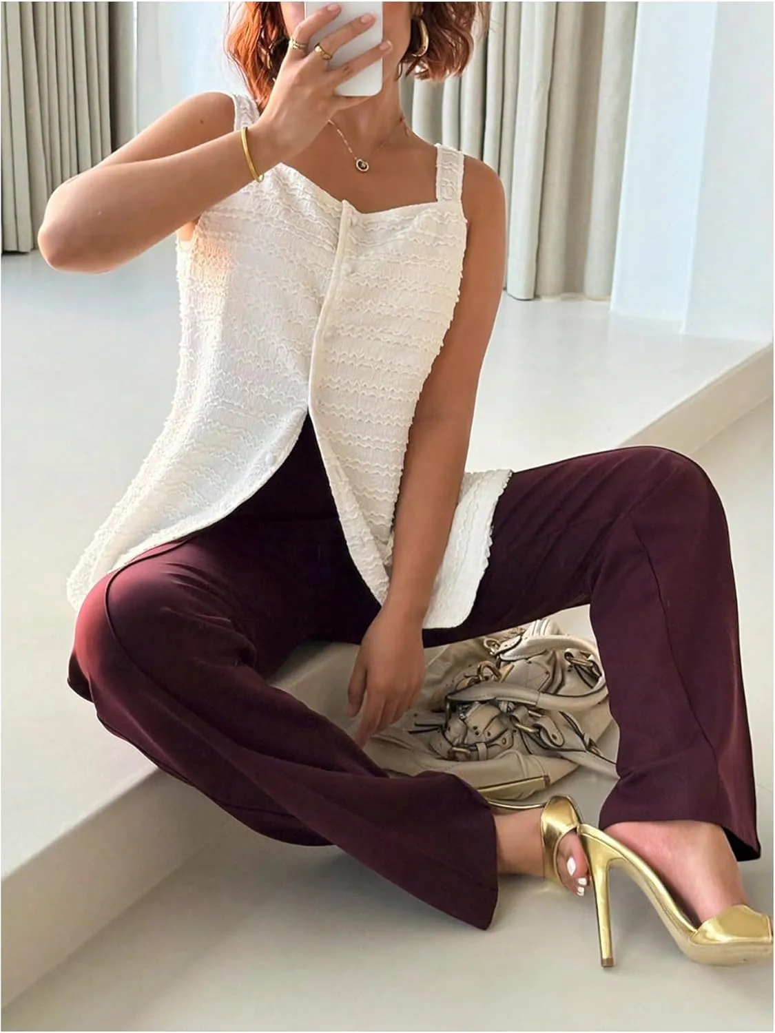 MakeMeChic Women's Plus Size Summer Textured Tank Tops Asymmetrical Button Sleeveless Vests Outerwear