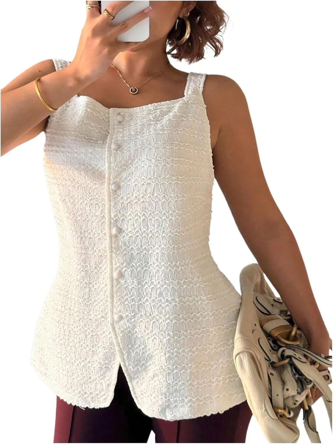 MakeMeChic Women's Plus Size Summer Textured Tank Tops Asymmetrical Button Sleeveless Vests Outerwear