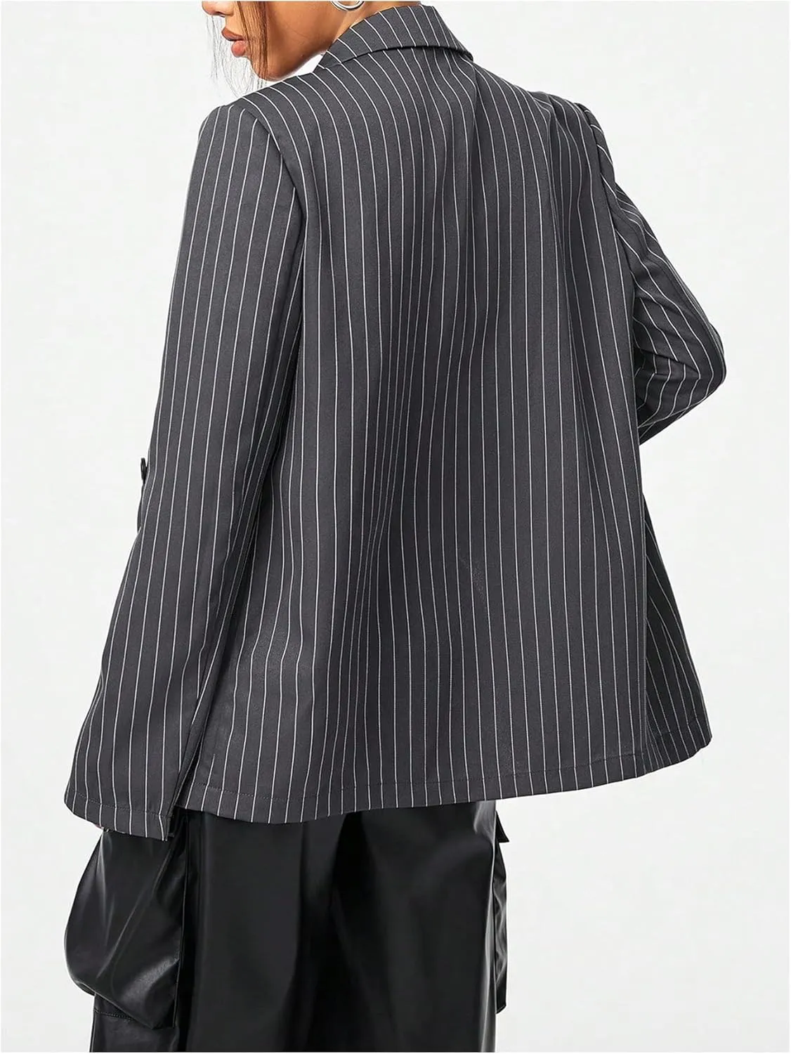 MakeMeChic Women's Striped Long Sleeve Blazer Single Button Lapel Neck Suit Outerwear