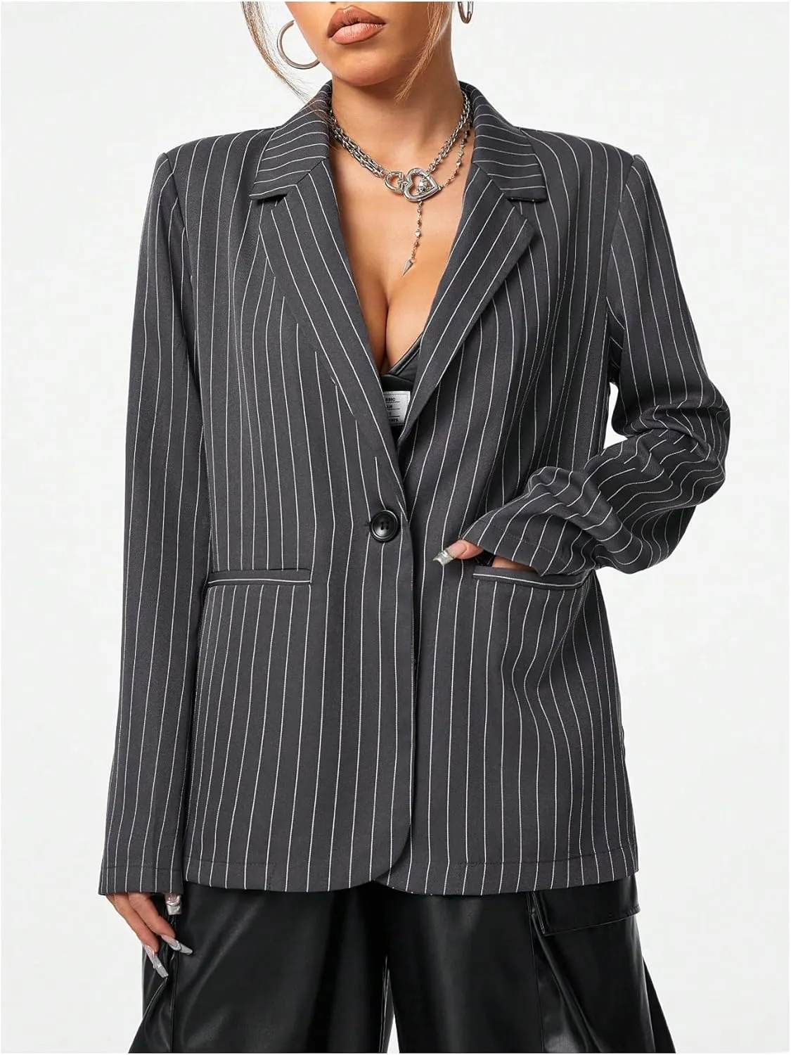 MakeMeChic Women's Striped Long Sleeve Blazer Single Button Lapel Neck Suit Outerwear