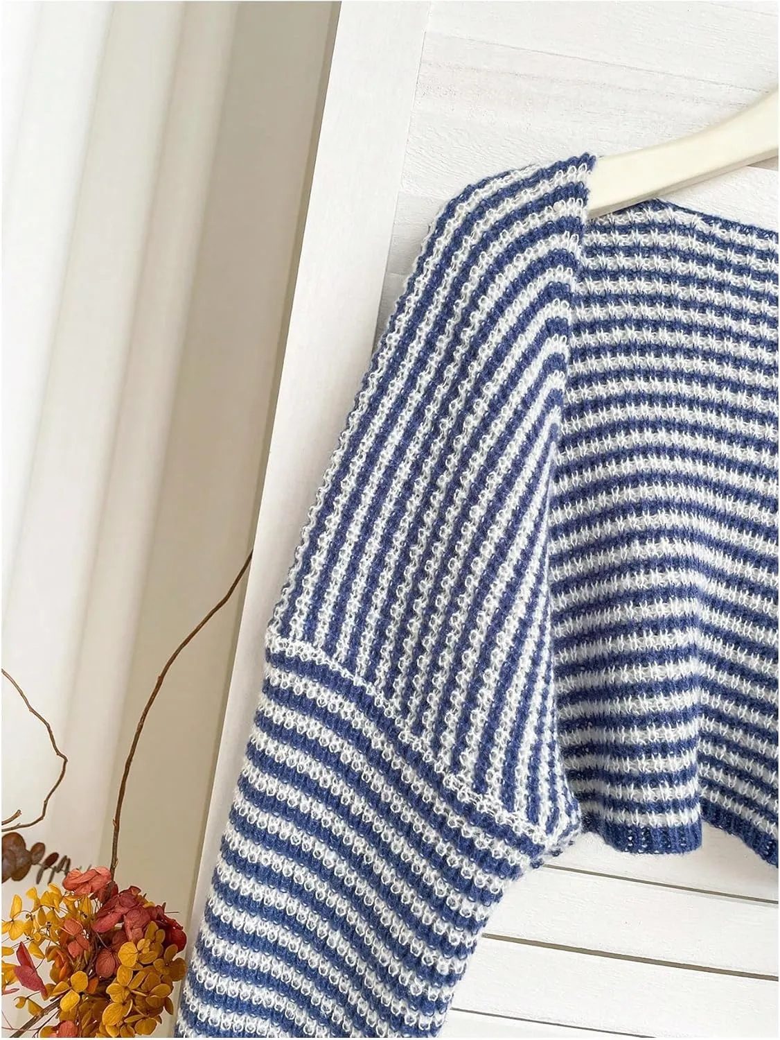MakeMeChic Women's Striped Open Front Sweater Shrug Cardigan Long Sleeve Crop Outerwear Knitwear