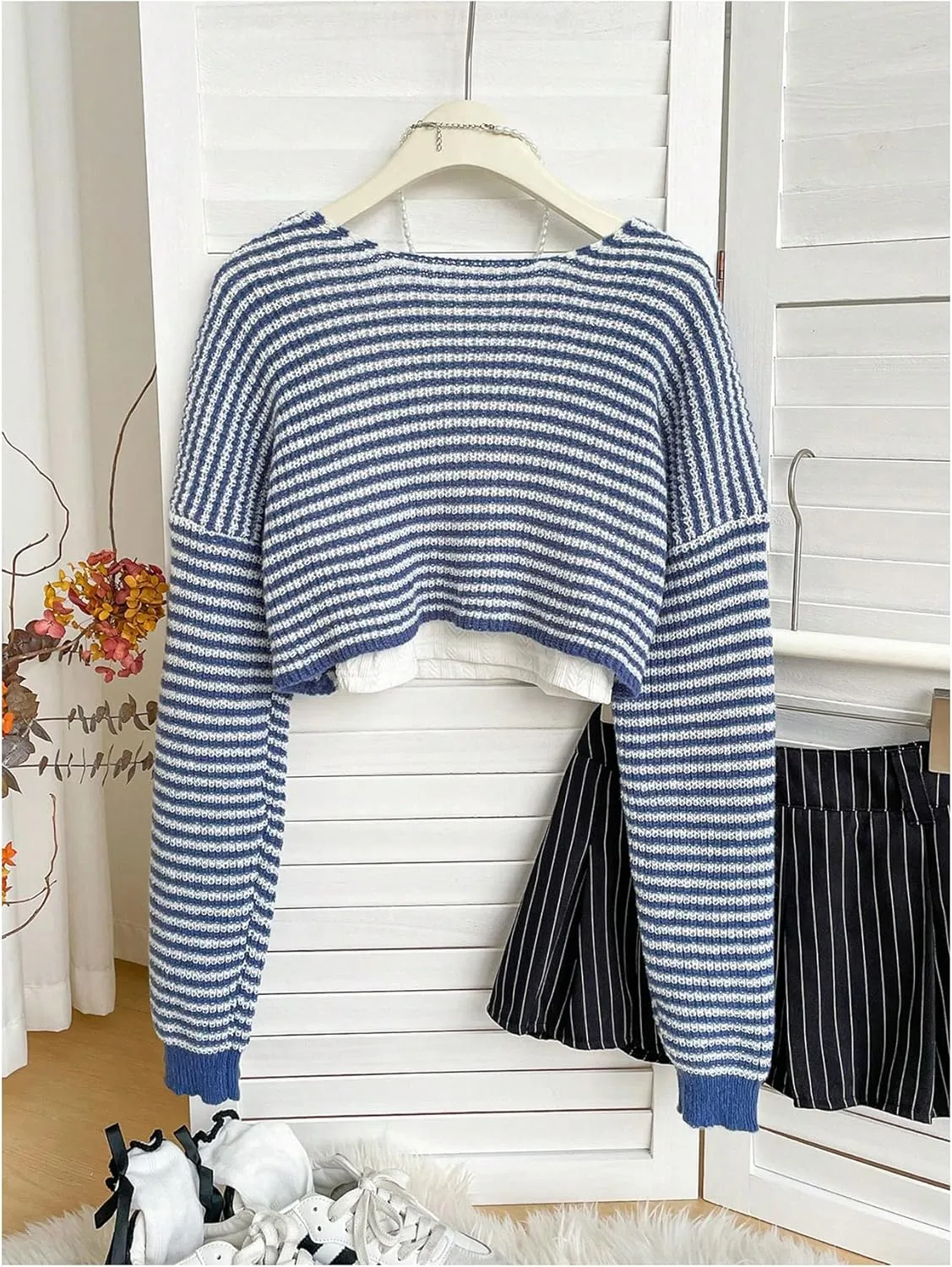 MakeMeChic Women's Striped Open Front Sweater Shrug Cardigan Long Sleeve Crop Outerwear Knitwear