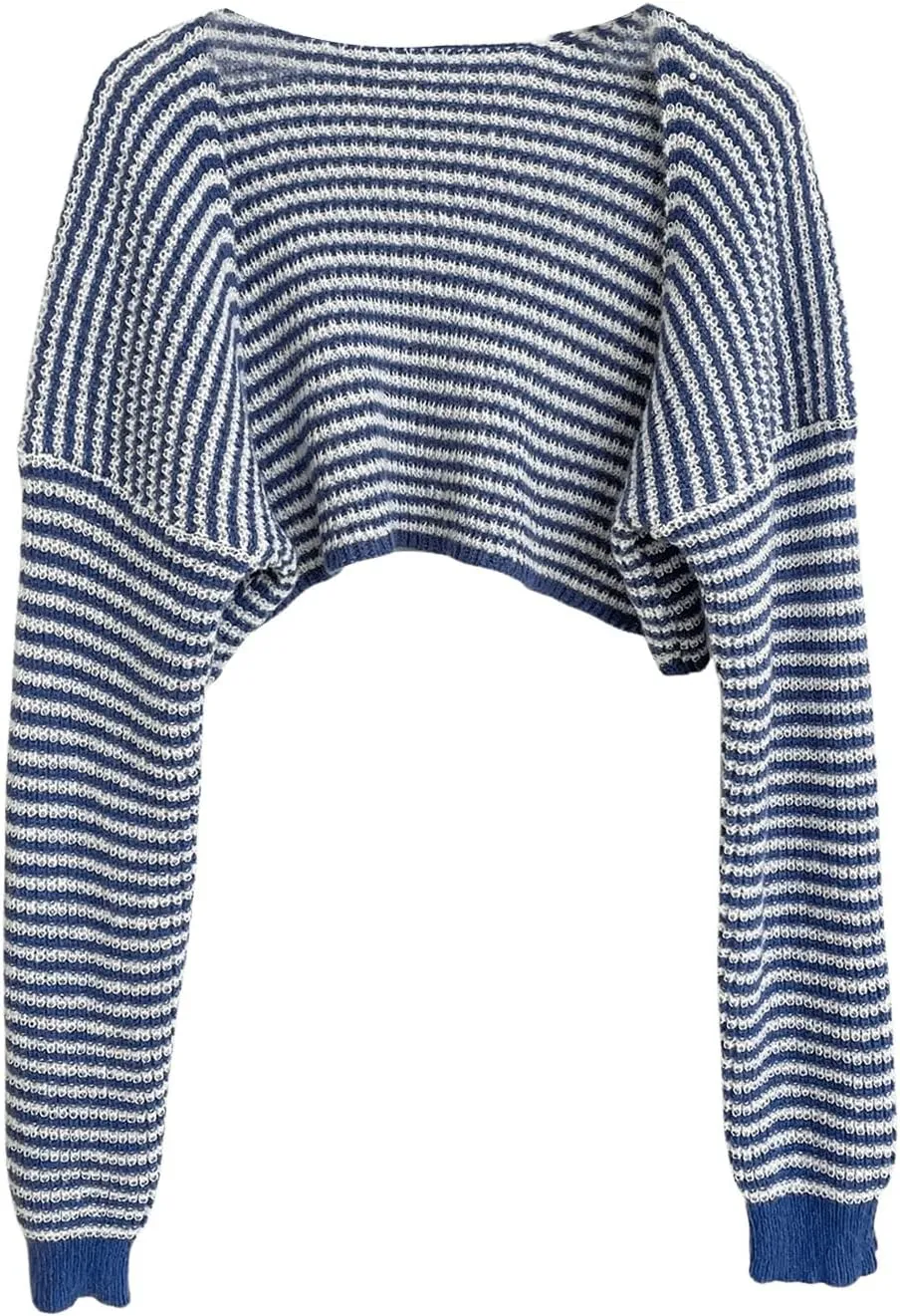 MakeMeChic Women's Striped Open Front Sweater Shrug Cardigan Long Sleeve Crop Outerwear Knitwear