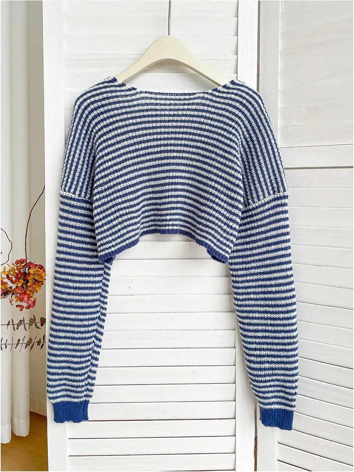 MakeMeChic Women's Striped Open Front Sweater Shrug Cardigan Long Sleeve Crop Outerwear Knitwear