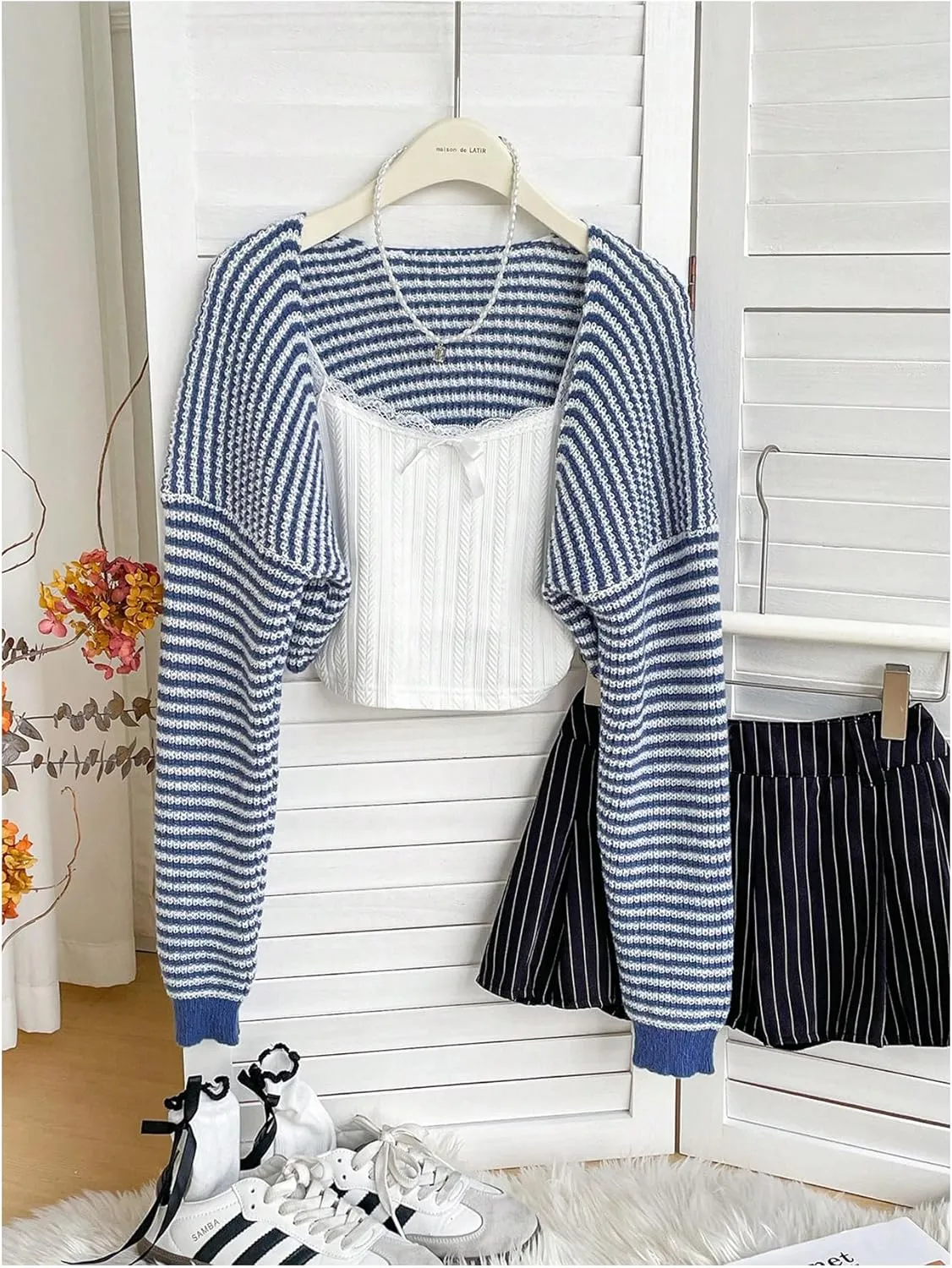 MakeMeChic Women's Striped Open Front Sweater Shrug Cardigan Long Sleeve Crop Outerwear Knitwear