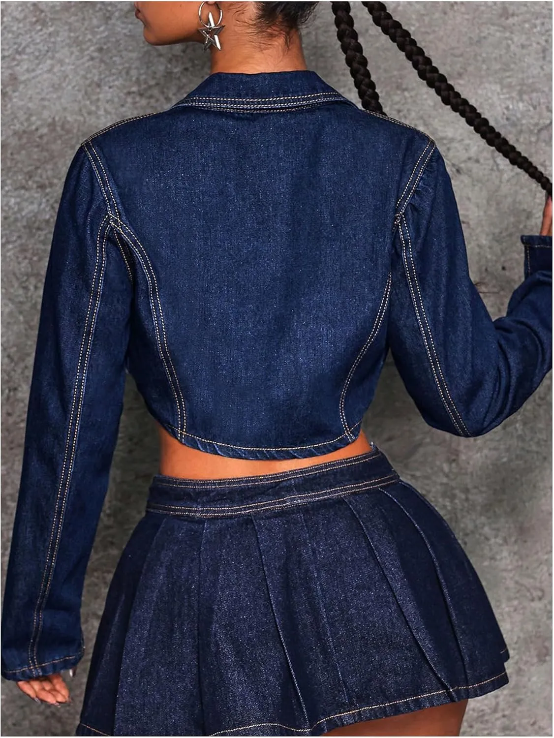 MakeMeChic Women's Tie Front Collared Long Sleeve Cropped Denim Jacket Coat Outerwear