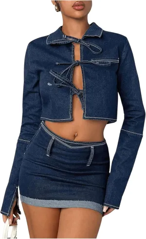 MakeMeChic Women's Tie Front Crop Denim Jacket Long Sleeve Jean Jackets Outerwear