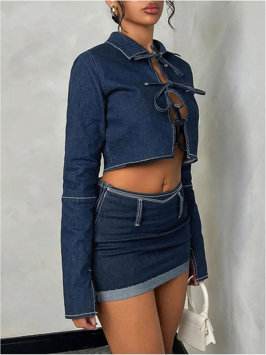 MakeMeChic Women's Tie Front Crop Denim Jacket Long Sleeve Jean Jackets Outerwear