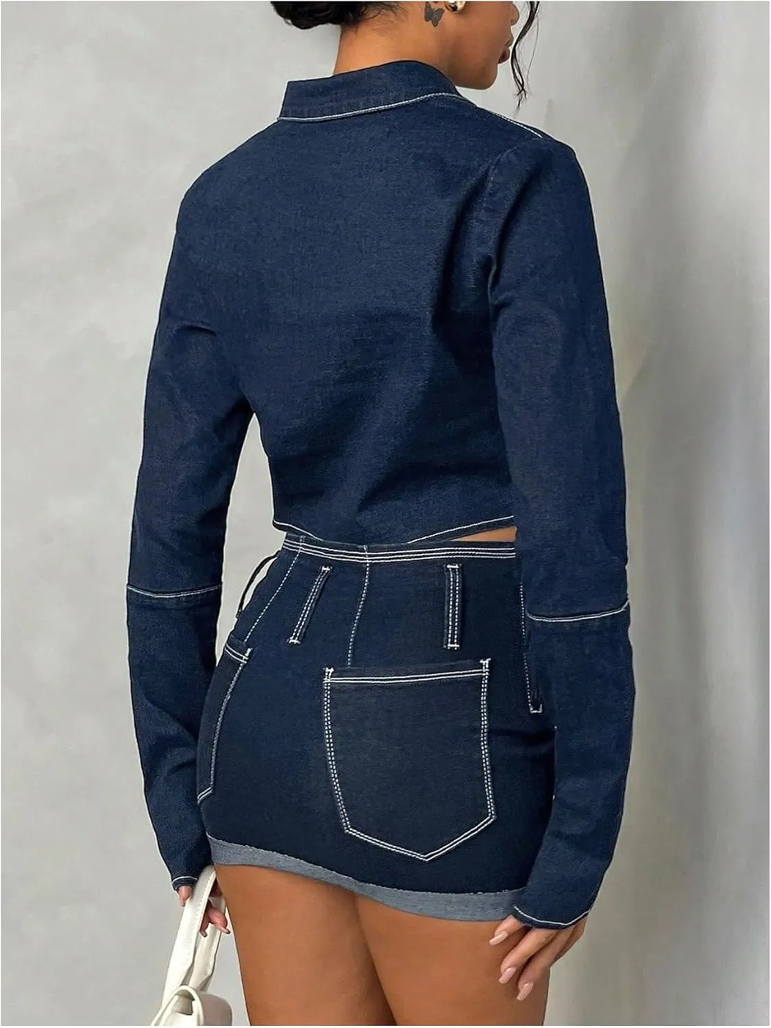 MakeMeChic Women's Tie Front Crop Denim Jacket Long Sleeve Jean Jackets Outerwear