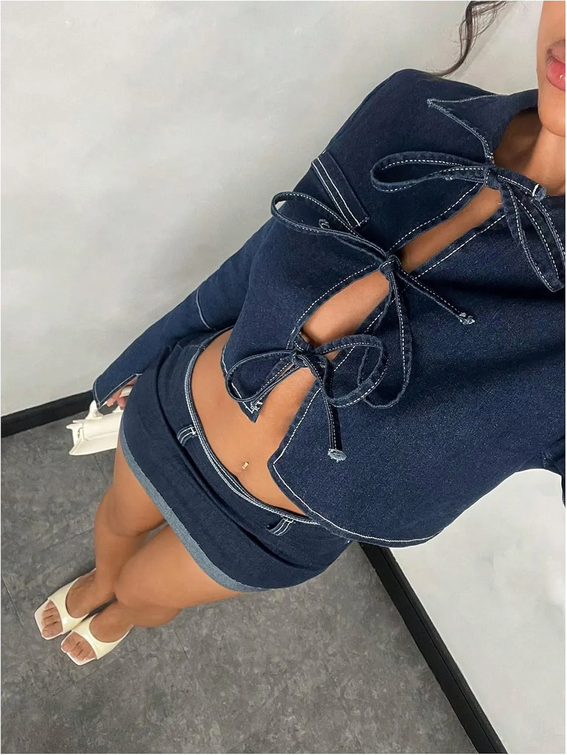 MakeMeChic Women's Tie Front Crop Denim Jacket Long Sleeve Jean Jackets Outerwear