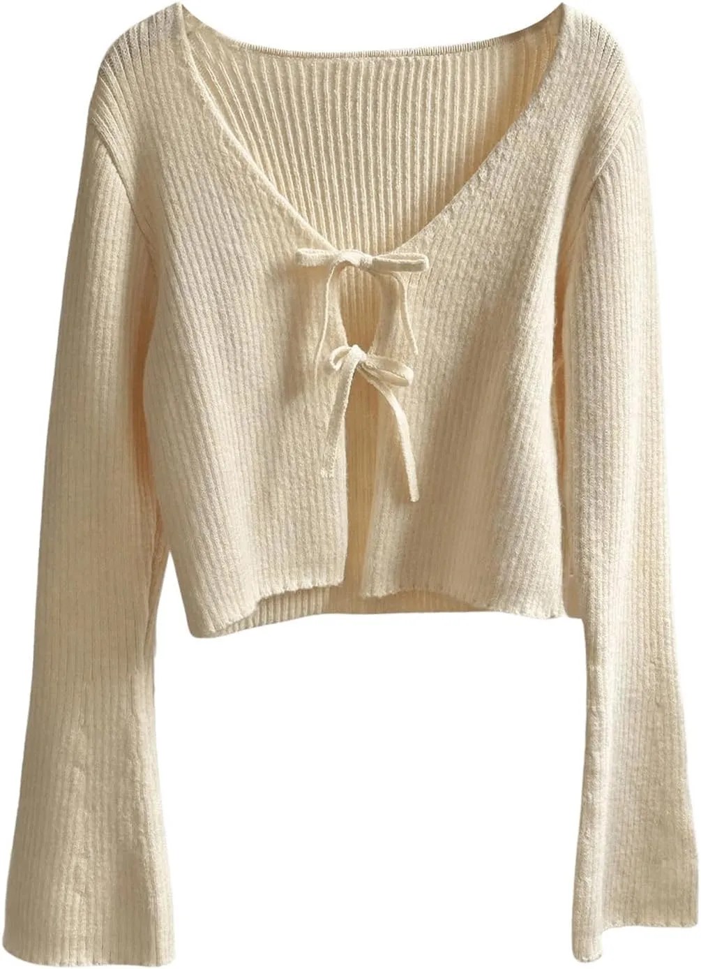 MakeMeChic Women's Tie Front V Neck Rib Knitted Long Sleeve Outerwear Cardigan Sweaters