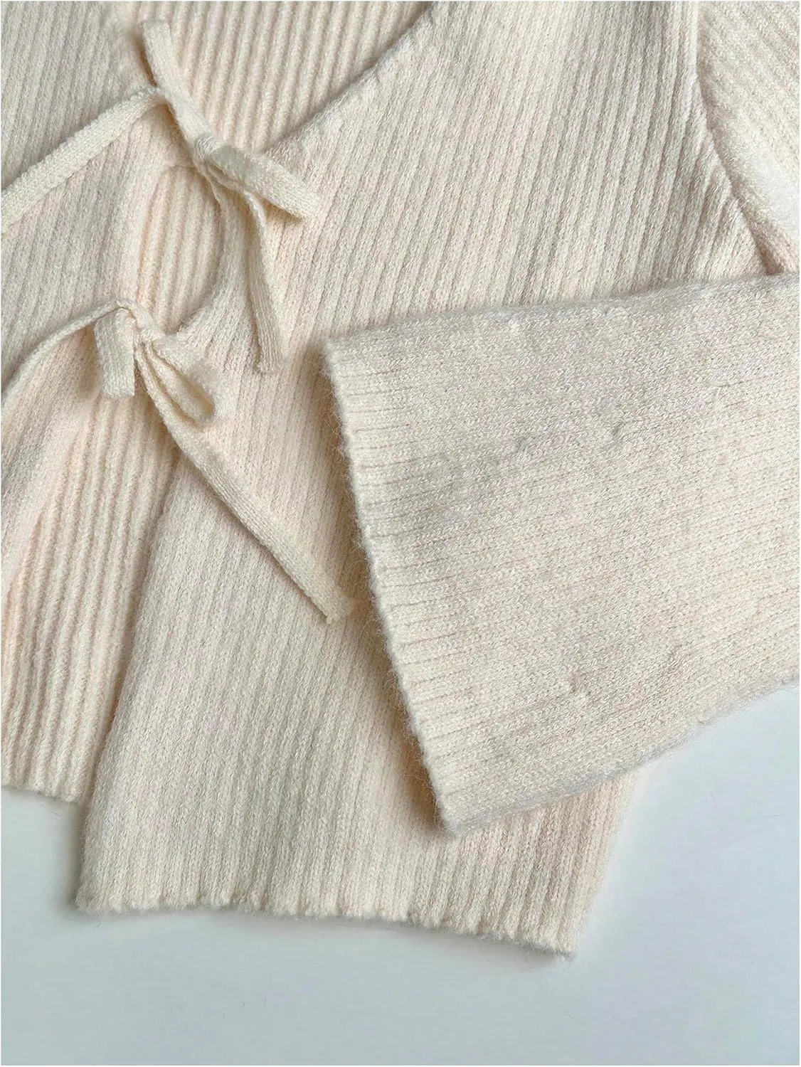 MakeMeChic Women's Tie Front V Neck Rib Knitted Long Sleeve Outerwear Cardigan Sweaters
