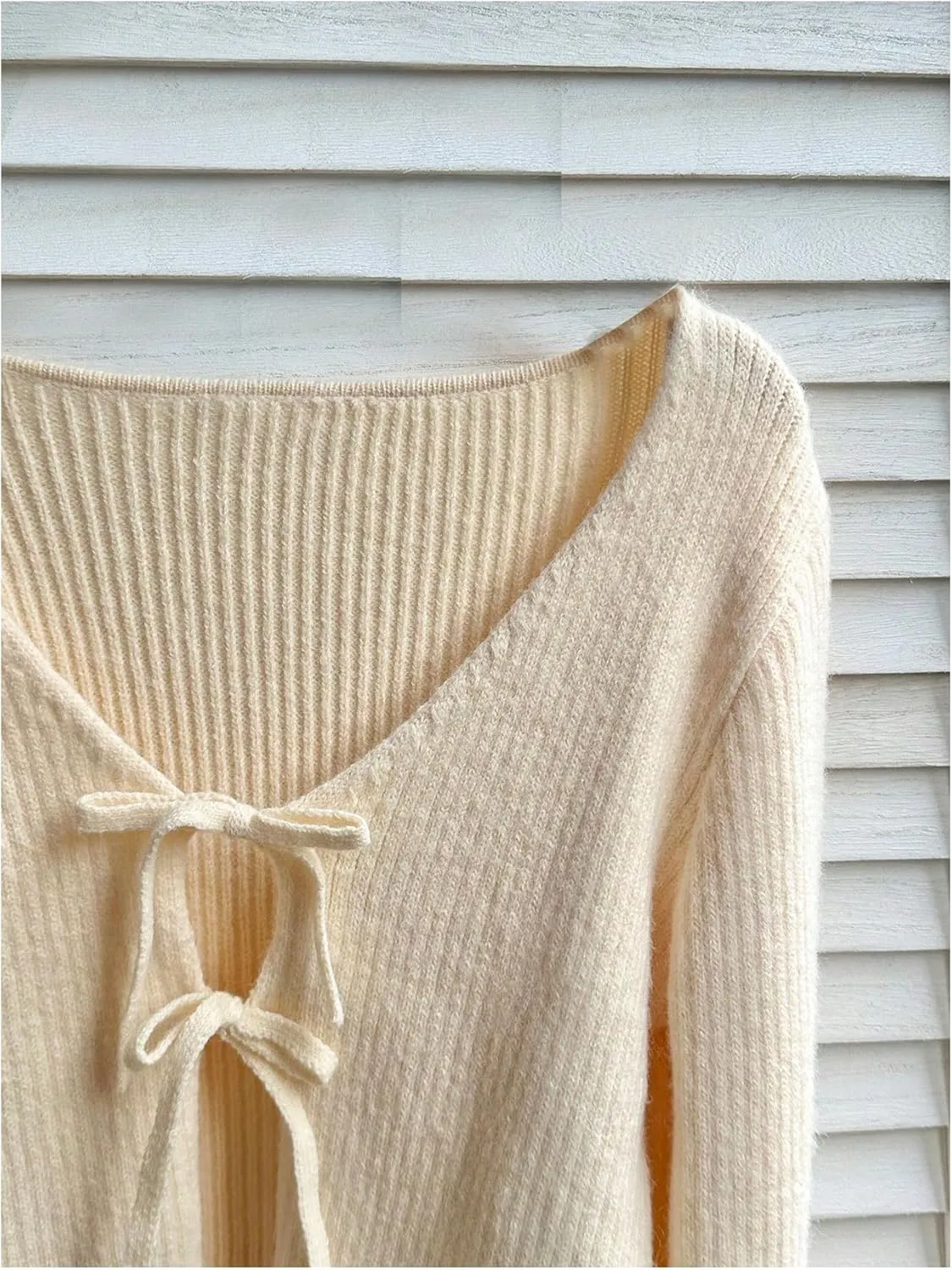 MakeMeChic Women's Tie Front V Neck Rib Knitted Long Sleeve Outerwear Cardigan Sweaters