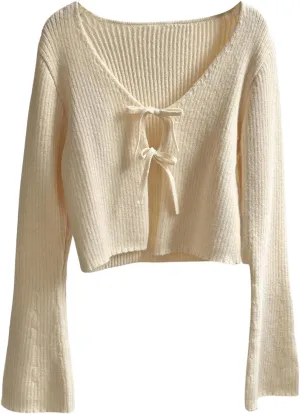 MakeMeChic Women's Tie Front V Neck Rib Knitted Long Sleeve Outerwear Cardigan Sweaters