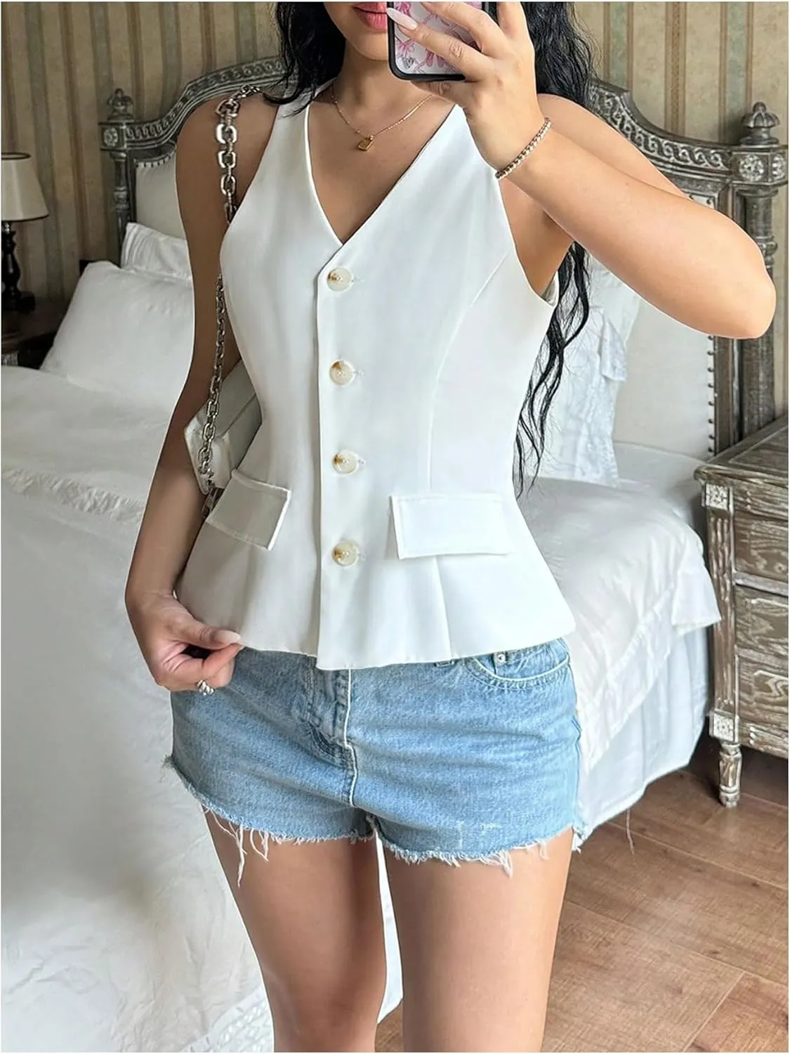 MakeMeChic Women's V Neck Single Breasted Blazer Vest Sleeveless Flared Hem Coat Outerwear