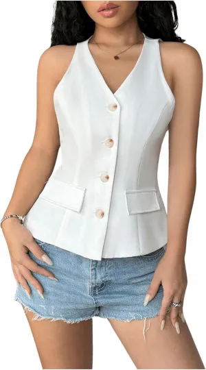 MakeMeChic Women's V Neck Single Breasted Blazer Vest Sleeveless Flared Hem Coat Outerwear